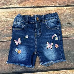 Denim Diva Butterfly & Flowers Embroidered Kids Shorts - Dark Blue Size 4